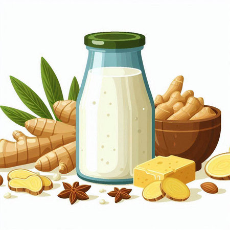 Ginger milk in a glass jar and ingredients. Vector illustration.のイラスト素材