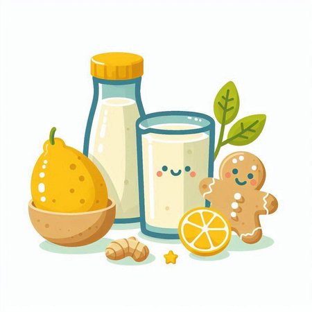 Vector illustration of a set of different types of milk in a bottle, glass, bowl, gingerbread man, lemon.のイラスト素材