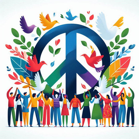International peace day. Crowd of people with peace sign. Vector illustration.のイラスト素材