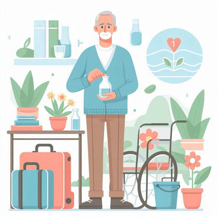 Elderly man taking care of his health. Vector illustration.のイラスト素材