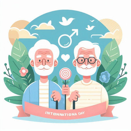Happy grandparents day greeting card. Grandfather and grandmother holding lollipops. Vector illustrationのイラスト素材