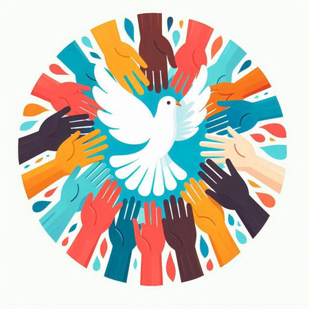 Dove of peace in the hands of people. Vector illustration.のイラスト素材