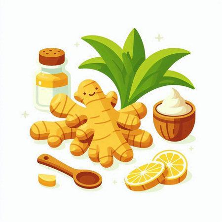 Ginger, lemon, honey, ice cream, mint. Vector illustration.のイラスト素材