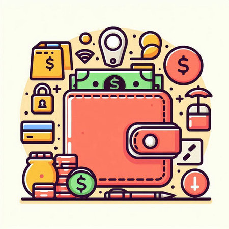 Wallet with money. Colorful flat vector illustration for web design.のイラスト素材