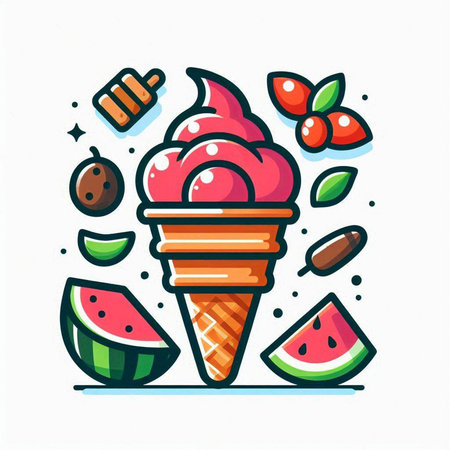 Ice cream vector illustration. Ice cream in waffle cone with fruits and berries.のイラスト素材