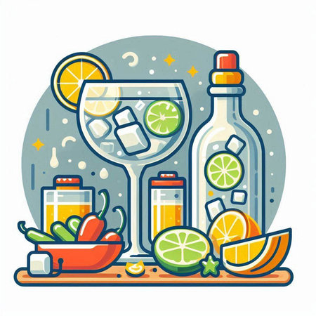 Cocktails with lime, lemon and ice. Vector illustration.のイラスト素材