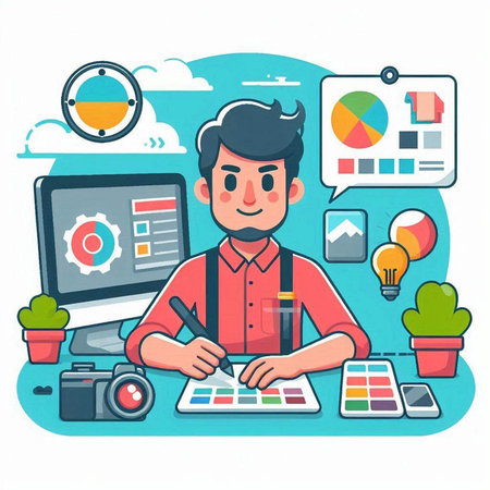 Designer working at his desk. Vector illustration in a flat style.のイラスト素材