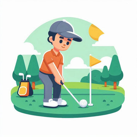 Golfer playing golf on the golf course, vector illustration.のイラスト素材