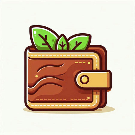 Brown wallet with green leaves. Vector illustration in flat cartoon style.のイラスト素材