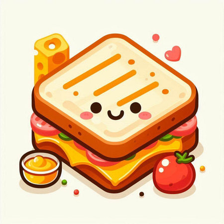 Cute cartoon sandwich. Vector illustration of a sandwich with cheese, tomato and mayonnaise.のイラスト素材