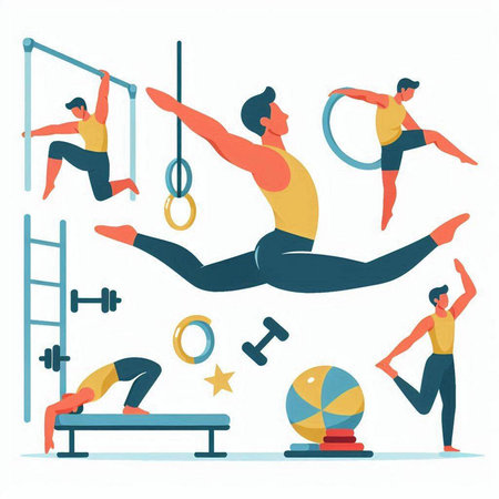 Fitness and healthy lifestyle concept. Man and woman in sportswear doing exercises on gymnastic rings. Vector illustration in flat styleのイラスト素材