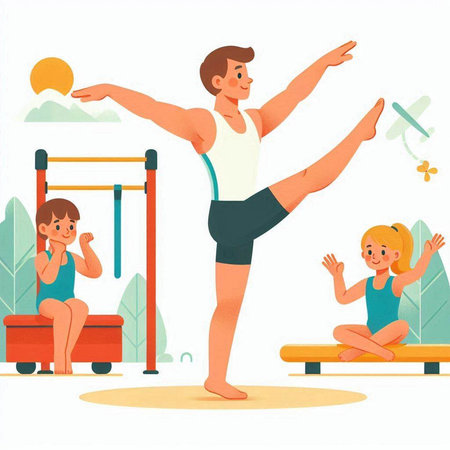 Father and children doing gymnastic exercises. Vector illustration in cartoon styleのイラスト素材