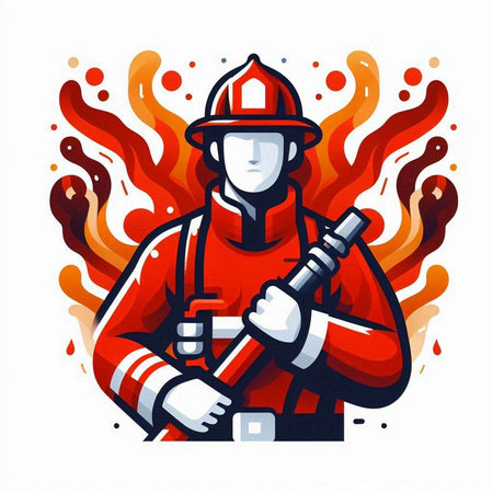 Firefighter with a fire extinguisher on a white background. Vector illustration.のイラスト素材