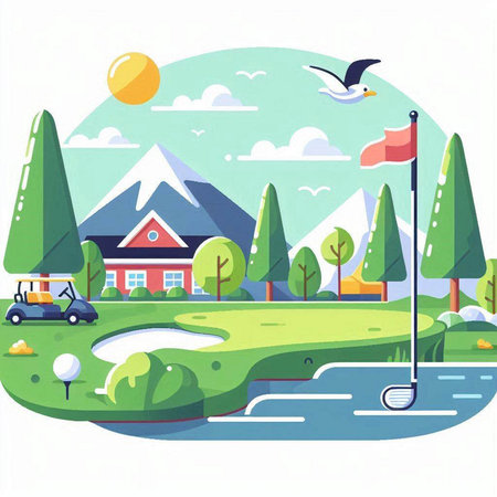 Golf club on the golf course. Vector illustration in flat styleのイラスト素材