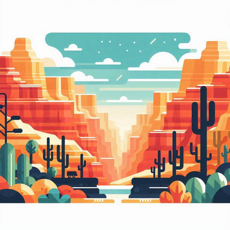 Desert landscape with cactus and mountains. Flat style vector illustration.のイラスト素材