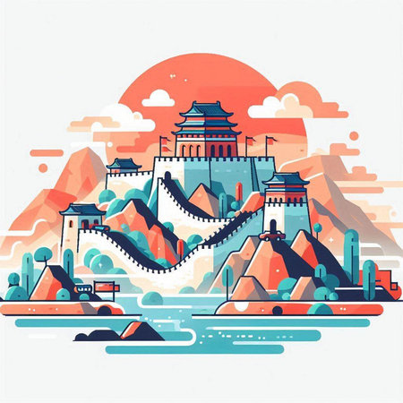 Landscape of the Great Wall of China. Colorful vector illustration.のイラスト素材