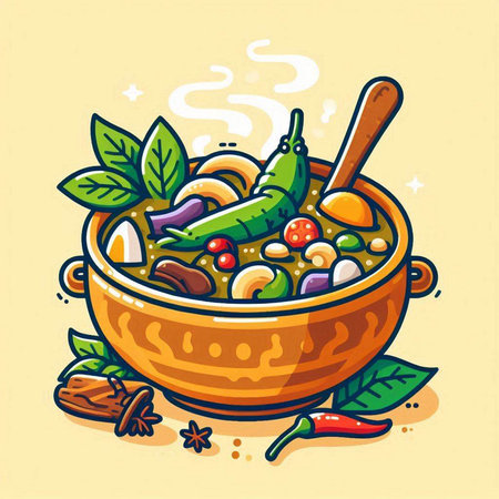 Vegetable soup in a bowl. Vector illustration of a cartoon style.のイラスト素材