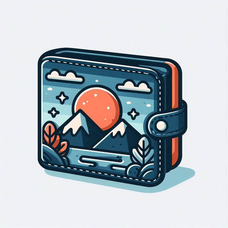 Vector illustration of a wallet with a picture of the sun and mountains.のイラスト素材