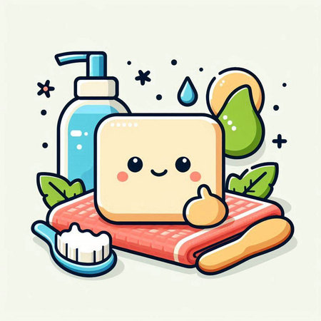 Cute Cartoon Bath Towel and Soap. Vector Illustrationのイラスト素材