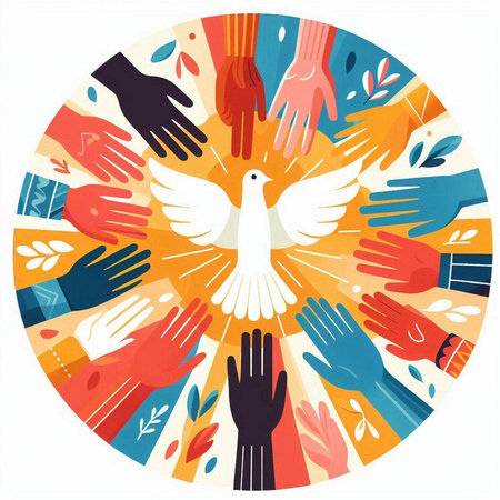 International Day of Peace. Vector illustration of hands with dove of peace.のイラスト素材