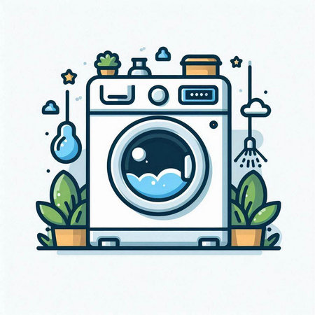 Washing machine and houseplants. Vector line art illustration.のイラスト素材
