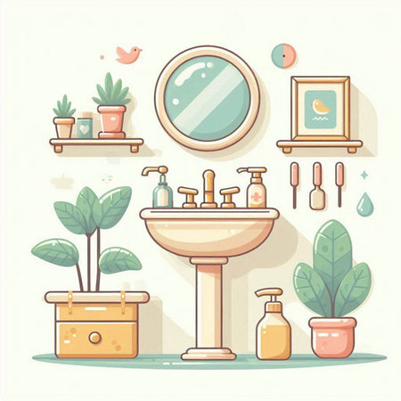 Bathroom interior with sink, mirror and plants. Vector illustrationのイラスト素材