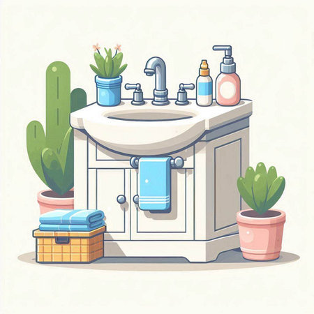 Bathroom interior. Bathroom furniture. Vector illustration in cartoon style.のイラスト素材