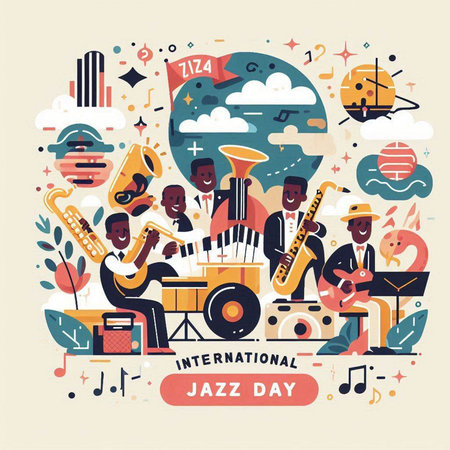 International Jazz Day. Vector illustration in flat style with music instruments.のイラスト素材
