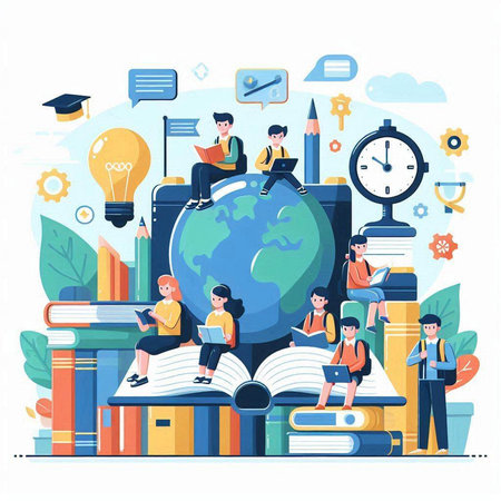 Vector illustration of school, college, university education concept. Students with books, globe, clock, graduation cap, globe.のイラスト素材