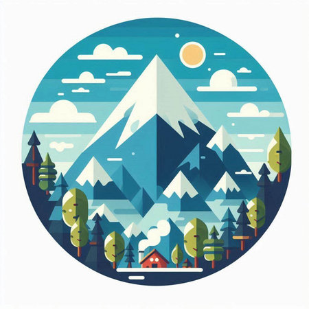 Mountains and forest in circle. Vector illustration in flat style.のイラスト素材