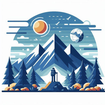 Mountains and forest landscape with sun and moon. Vector illustration.のイラスト素材