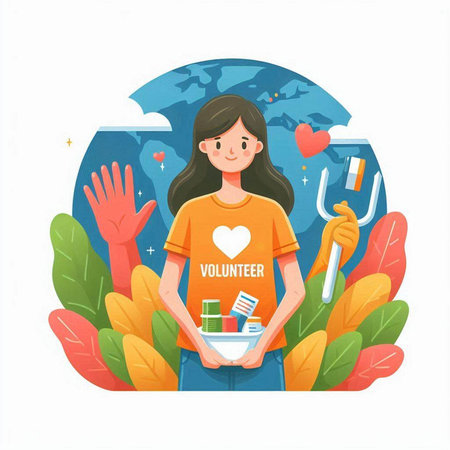 Volunteer woman holding a donation box. Vector illustration of volunteer giving donations.のイラスト素材