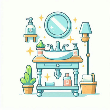 Bathroom interior. Bathroom furniture. Hand drawn vector illustration.のイラスト素材