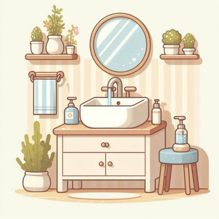 Vector illustration of bathroom interior with sink, mirror, mirror and plantsのイラスト素材