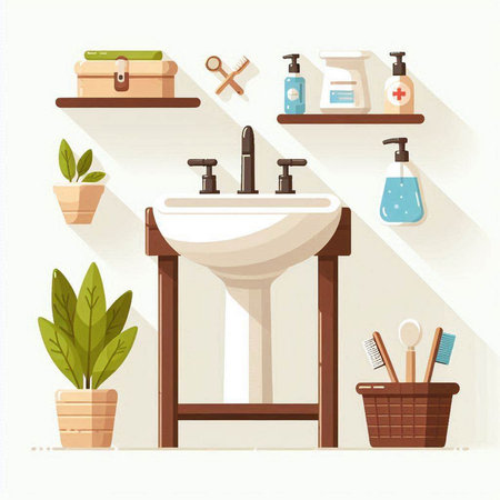 Bathroom interior design elements. Vector illustration in flat style.のイラスト素材