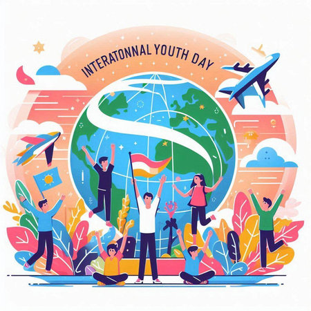 International Youth Day. Group of young people around the globe. Vector illustrationのイラスト素材