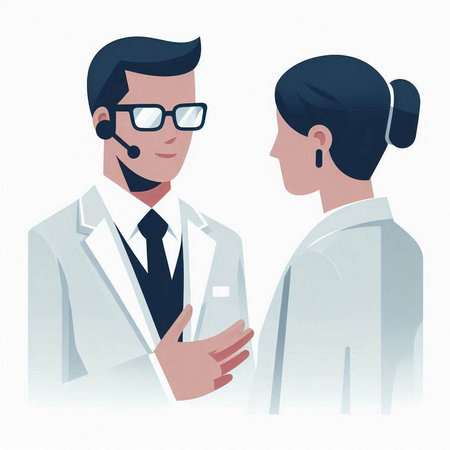 Vector illustration of a male doctor talking to a female patient on a white background.のイラスト素材