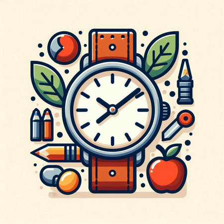 Vector illustration with watch, pencils, apple, apple, apple.のイラスト素材