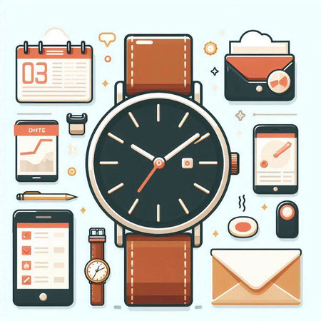 Smart watch, mobile phone, notebook, pen, coffee cup, envelope and calendar. Vector illustrationのイラスト素材