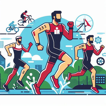 Vector illustration of a group of people running in the city. Healthy lifestyle concept.のイラスト素材