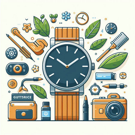 Vector illustration of wristwatch and accessories for men and women in flat styleのイラスト素材