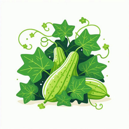Illustration of a cucumber with leaves and tendrils on a white backgroundのイラスト素材