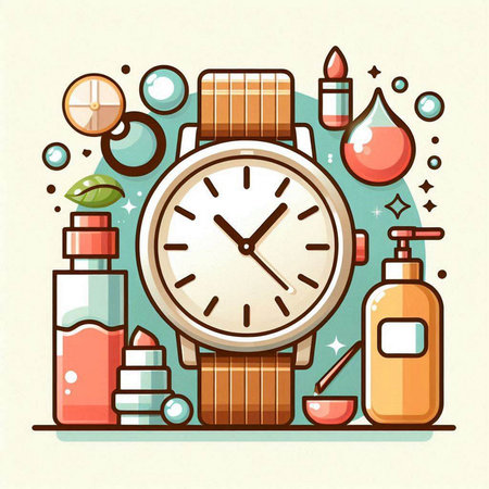 Wristwatch and cosmetics. Vector illustration in flat design style.のイラスト素材