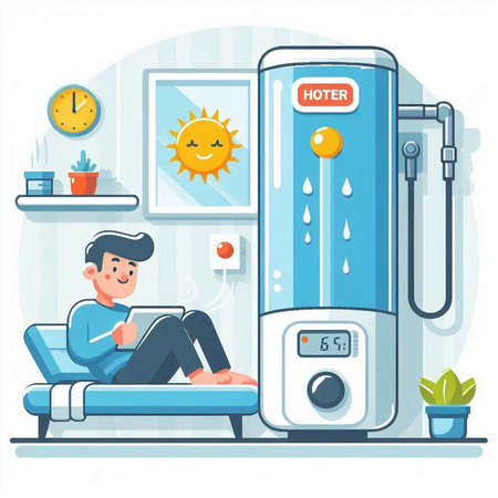 Illustration of a man sitting on the sofa in front of a gas boilerのイラスト素材