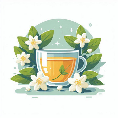 Cup of tea with jasmine flowers and leaves. Vector illustration.のイラスト素材