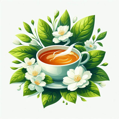 Cup of tea with jasmine flowers and green leaves.のイラスト素材