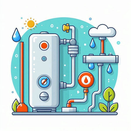 Water heating system. Vector illustration in flat design style on a white background.のイラスト素材