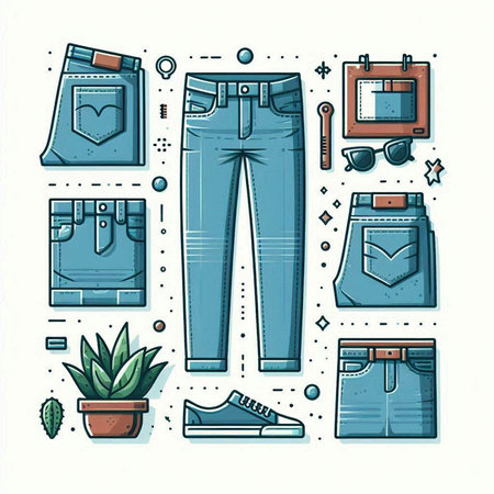 Vector set of jeans and accessories in thin line style. Vector illustrationのイラスト素材