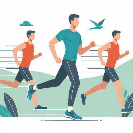 Running people, men jogging. Vector illustration in flat style.のイラスト素材