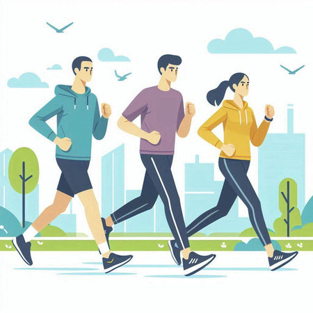 People jogging in the park. Vector illustration in flat style.のイラスト素材
